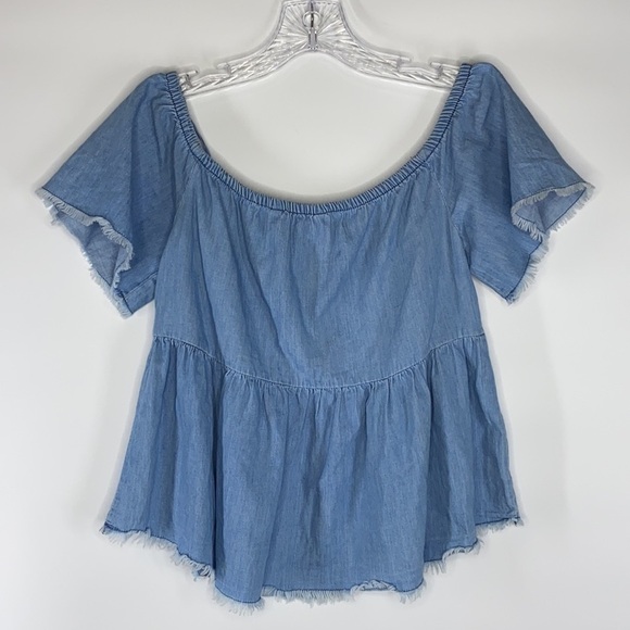 Zara Chambray Off The Shoulder Raw Hem Top - Picture 2 of 6